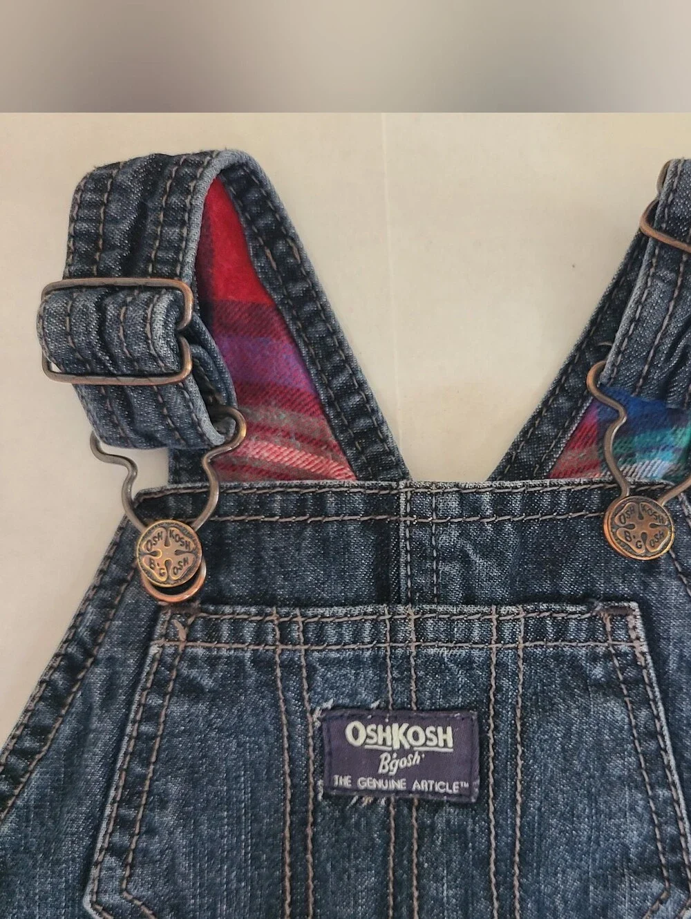 VTG Oshkosh B'gosh Vestbak Dark Denim 12 Mo Overalls Flannel Lined Plaid